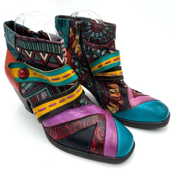 SOCOFY Boho Spliced Leather/Fabric Side Zip Ankle Boots Women 39 / 9 vibrant col - Picture 2 of 16